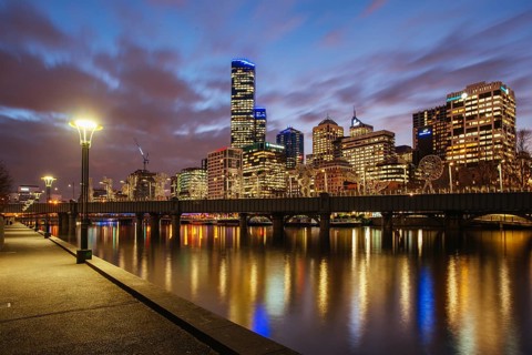 Melbourne, Australia, July 2 2013: Melbourne skyline along the Yarra River at dusk in Victoria