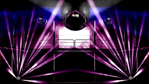Night club interior with colorful spot lights, lasers and shining mirror disco balls artistic light