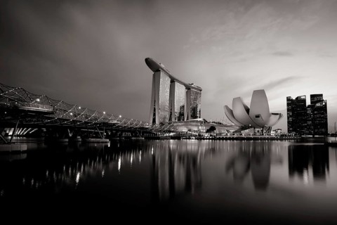 Marina Bay Sand area and Helix Bridge at dusk on a clear day on November 24th 2019