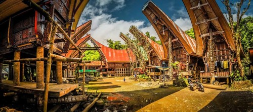 Sulawesi, Indonesia, May 2015: Photo of tongkonans, traditional ancestral houses with boat-shaped