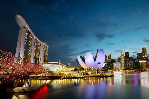Marina Bay Sand area and Helix Bridge at dusk on a clear day on November 24th 2019