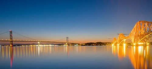 The bridges over the Firth of Forth in Scotland after sunset