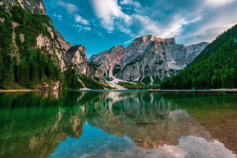 Lake Prags and Seekofel seen from the bay. Italy