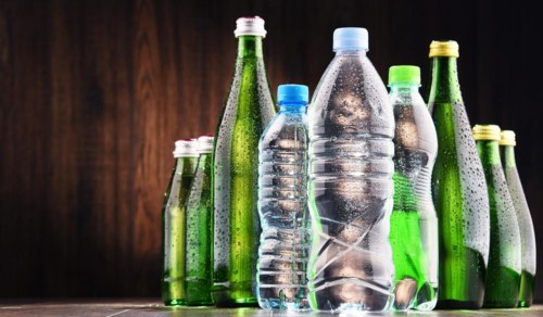Composition with different sorts of bottles containing mineral water