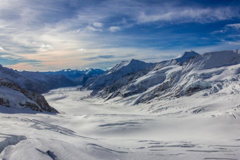 Panoramic view of the Great Aletsch Glacier, Switzerland, Europe