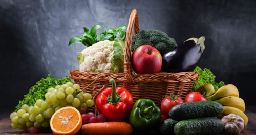 Composition with assorted organic vegetables and fruits