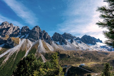 View at the Senders valley and Adolf Pichler mountain hut near Kemater Alm in Austria with high