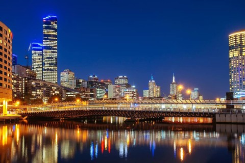 MELBOURNE, AUSTRALIA, JUNE 26 2013, Melbourne's famous skyline along Southbank. Spencer St Bridge