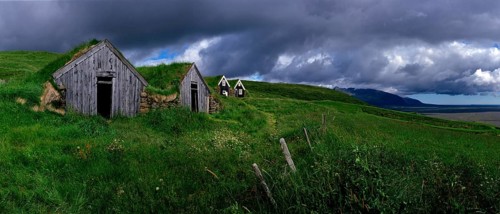 Typical wooden huts with grass on the roofs, Iceland, Typical wooden huts with grass on the roofs,