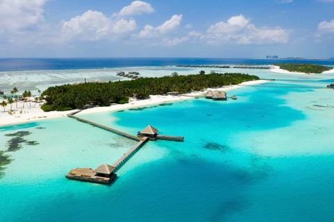 Aerial view of the holiday island of Lankanfushi, North Male Atoll, Indian Ocean, Maldives, Asia