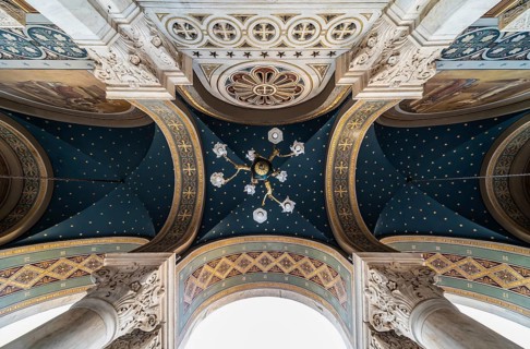 Athens Old Town, Attica, Greece, 12 28 2019 Decorated ceiling and pillars of the entrance of the