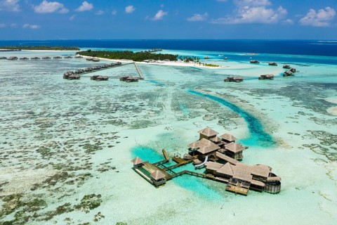 Aerial view of the holiday island of Lankanfushi, North Male Atoll, Indian Ocean, Maldives, Asia