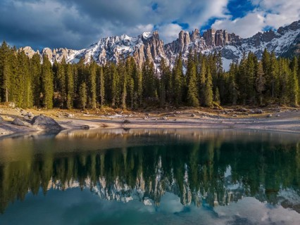 Lake landscape with mountain and forest, Lago di Carezza, Dolomites, Italy, Europe