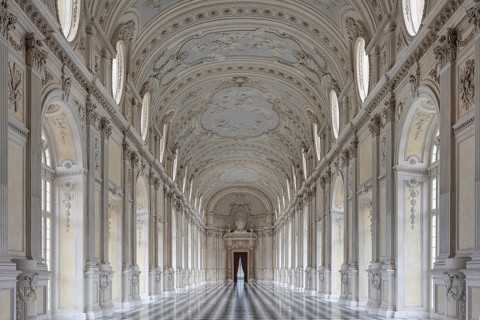 Elongated, elegant Baroque corridor with marble decorations, Palace of Venaria Reale, Residences of