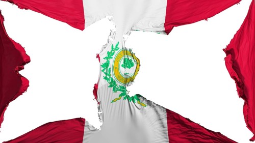 Destroyed Raleigh city, capital of North Carolina state flag, white background, 3d rendering