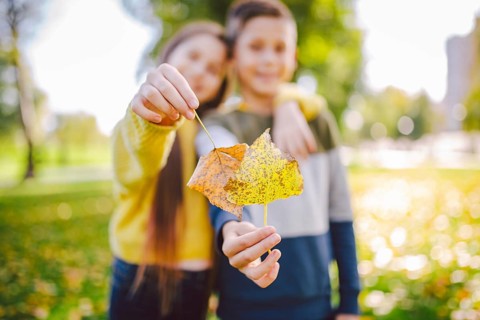 Happy twins teenagers boy and girl posing hugging each other in autumn park holding fallen yellow