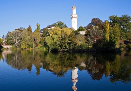Castle Bad Homburg and watchtower reflecting in pond, Hesse, Germany Bad Homburg, Germany, Europe