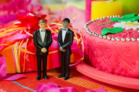 Wedding gay couple in front of a cake in pink still life