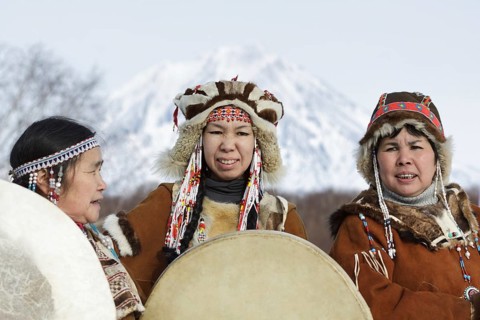KAMCHATKA PENINSULA, RUSSIA, FEB 5, 2012: Womens dressed in the Koryak national costume with