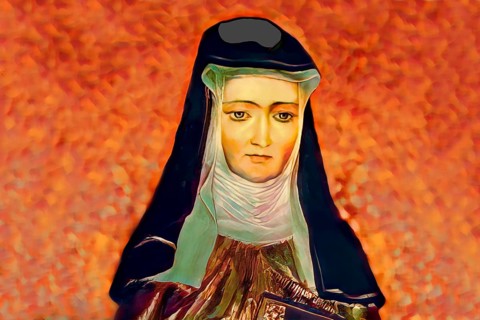 Figure of Hildegard of Bingen, Sibyl of the Rhine, 1098 – 1179, German Benedictine abbess and