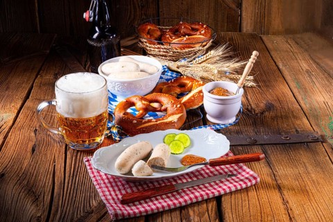 Bavarian veal sausage pretzels and beer at the Oktoberfest
