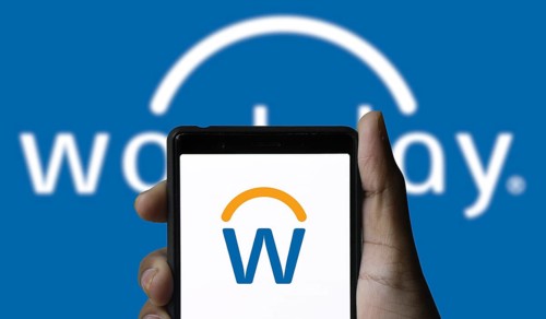 Workday logo is displayed on smartphone. Workday is a cloud-based software company offering