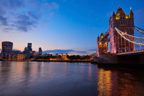 London Tower Bridge sunset on Thames river in England