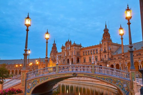 Seville Sevilla Plaza de Espana at sunset in Andalusia Spain square