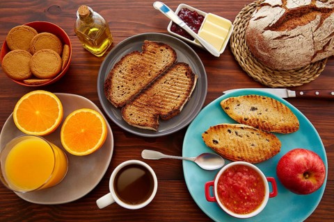 Continental buffet breakfast with assorted healthy food and coffee