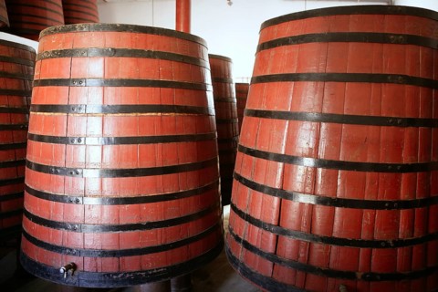Natural wood wine golden barrel cellar in Spain