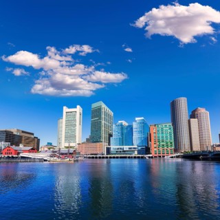 Boston skyline from Fan Pier at sunlight in Massachusetts USA