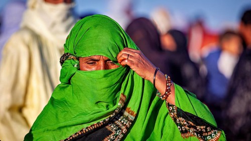 A woman in a green robe and jewellery pensively covers her face, Veiled woman at the Tamanrasett