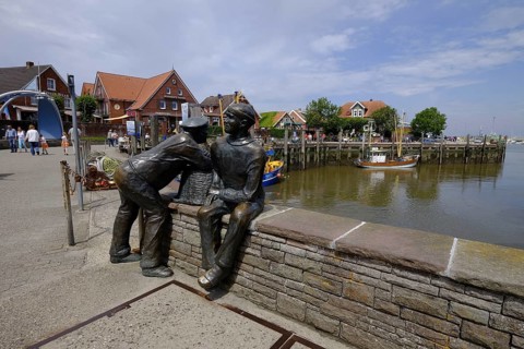 Neuharlingersiel with harbour, beach and historic town centre, East Frisia, Lower Saxony, Germany,