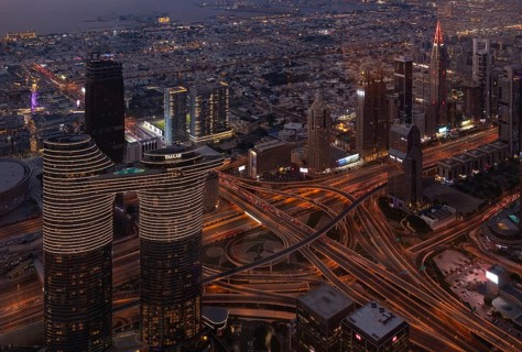 A picture of the Address Sky View Hotel and the busy Al Safa Street and Sheikh Zayed road