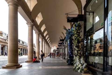 London, UK, May 15, 2019: View of the colonnade of Royal Opera House in Covent Garden area. Covent