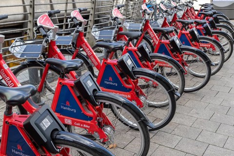 Symbolic image mobility, traffic turnaround, local transport, city bike, Deutsche Bahn rental bikes