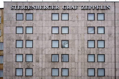 Stuttgart, Germany - February 03, 2018: The striking façade with square rows of windows of the