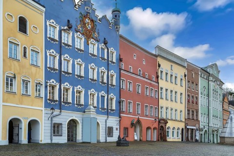 Historical houses on Town square in Burghausen, Germany, Europe