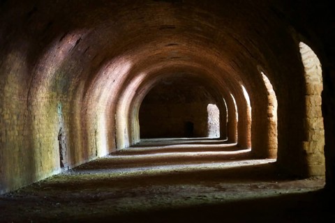 Light falls through arched niches into a tunnel-like cellar wall