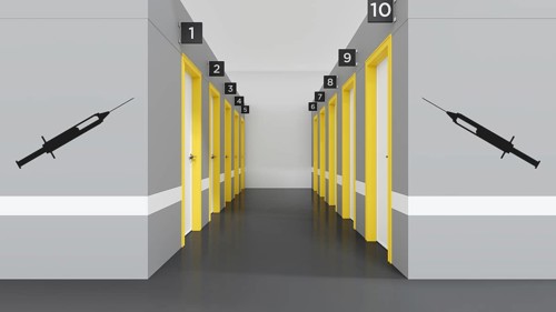 Corona virus vaccination center doors. 3D illustration