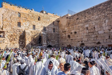 JERUSALEM, ISRAEL - SEPTEMBER 26, 2018: Touching ceremony at the Western Wall. Jews praying at the