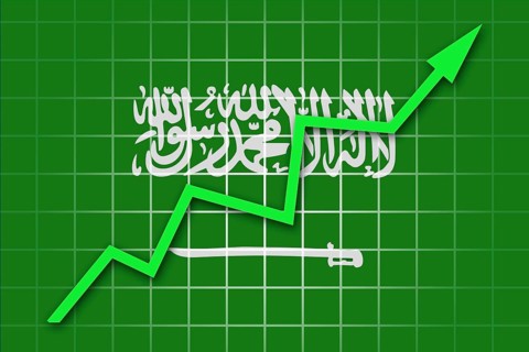 The Saudi Arabia flag and arrow graph going up