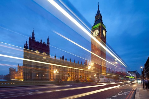 Big Ben in the evening. Dabldekker passes and leaves a line of light at slow shutter speeds.