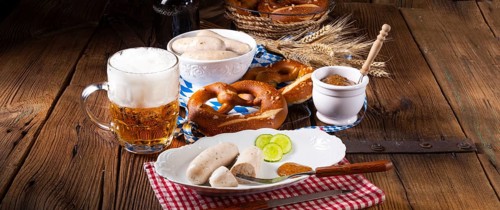 Delicious bavarian oktoberfest white sausage with sweet mustard