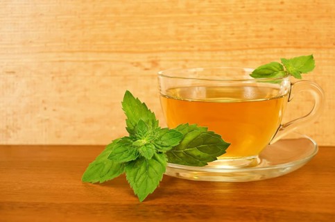 Herbal tea in a glass cup with mint on a table on a background of wooden boards