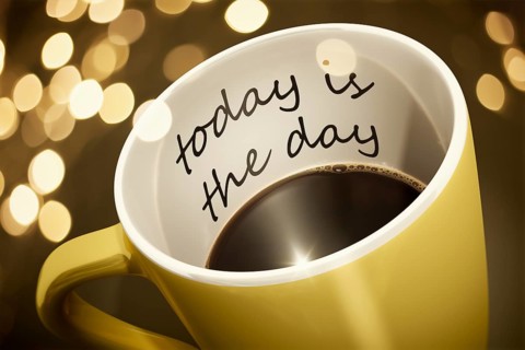 A yellow cup of coffee with surprise text today is the day 3d illustration