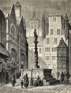 Roland fountain in front of the town hall, Historic Market Place, Hildesheim, Lower Saxony,