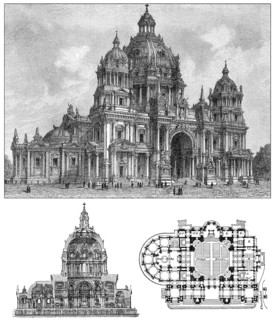 Berlin Cathedral, Germany, historical illustration, floor plan and intersection, about 1896, Europe