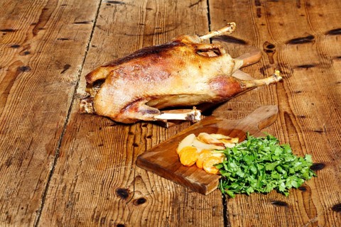 Roasted goose on wooden table