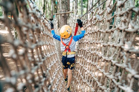 Boy walks across a mesh bridge, holding onto a cable. Back view.